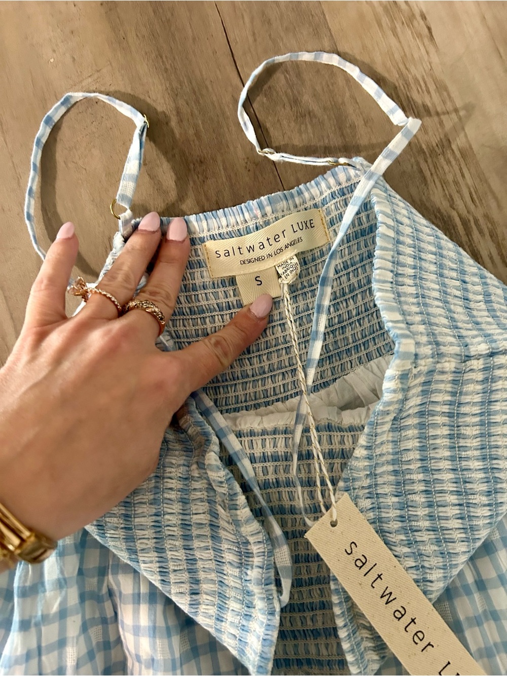 Saltwater Luxe Blue & White Gingham Smocked Tiered Mini Dress Size Small NWT - Picture 3 of 6